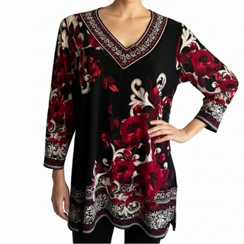 JM Collection 0X Embellished Floral Border Tunic Top Black Red Stretch 3/4 Slv